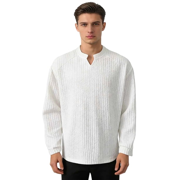 Ceisia Men's Relaxed Fit Vertical Rib Knit Small V-Neck Long Sleeve Casual Top Gifts