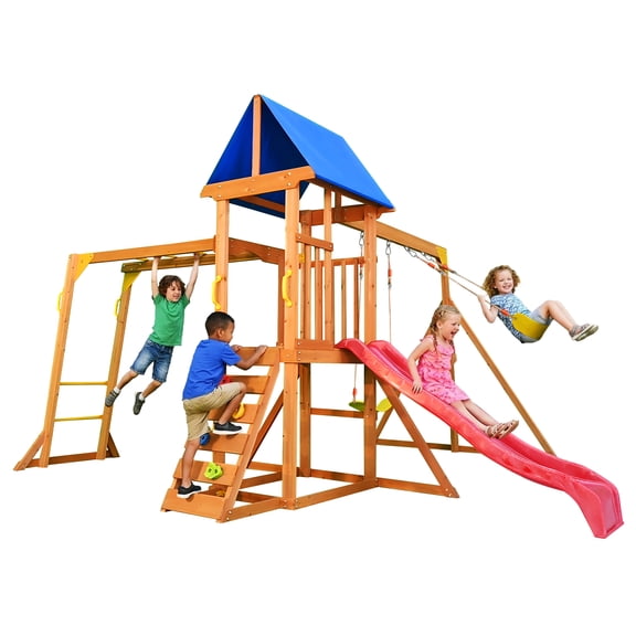 SuniBoxi Wooden Playground Sets for Backyard, Swing Sets with Monkey Bars, 2 Belt Swing, Wave Slide, Rock Climb Ladder for Age 3-6 outdoor play