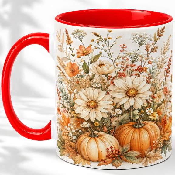 Wildflower Pumpkin Accent Mug, 11oz Ceramic Coffee Cup for Fall Decor