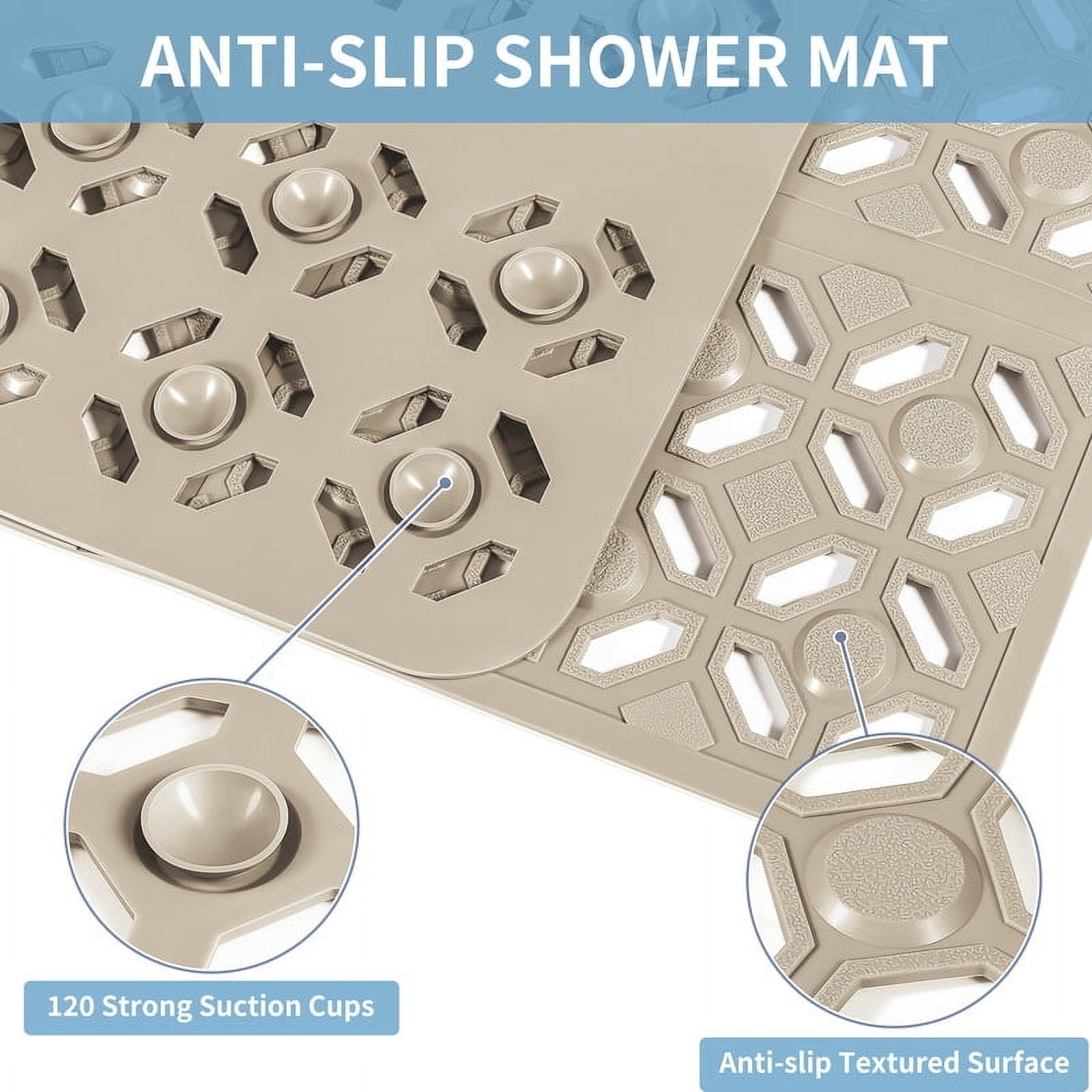 OTHWAY Square Shower Mat,27"x27" Extra Large Bath Mat,TPE Non-Slip Shower Floor Mat with Suction Cups & Drain Holes,Quick-Drying Shower Mat for Bathroom Decor (Brown)