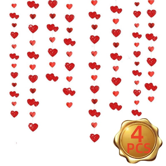 Red Heart Garland, Sparkling Love Streamer Glitter Bunting Banner for Wedding, Engagement, Valentine's Day and Birthday Party Decor, 52.5 ft
