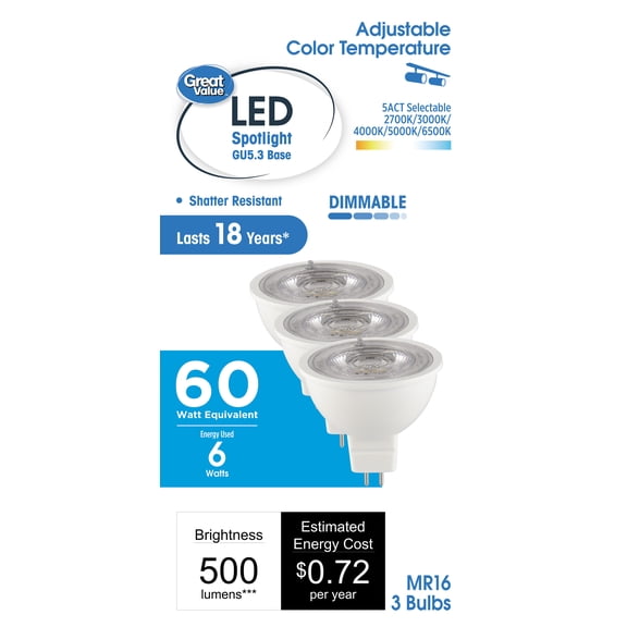 Great Value LED MR16 Indoor Spot Light Bulb, 6-Watts (50W Equiv) 5ACT, Dimmable GU5.3 Base (3 Pack)