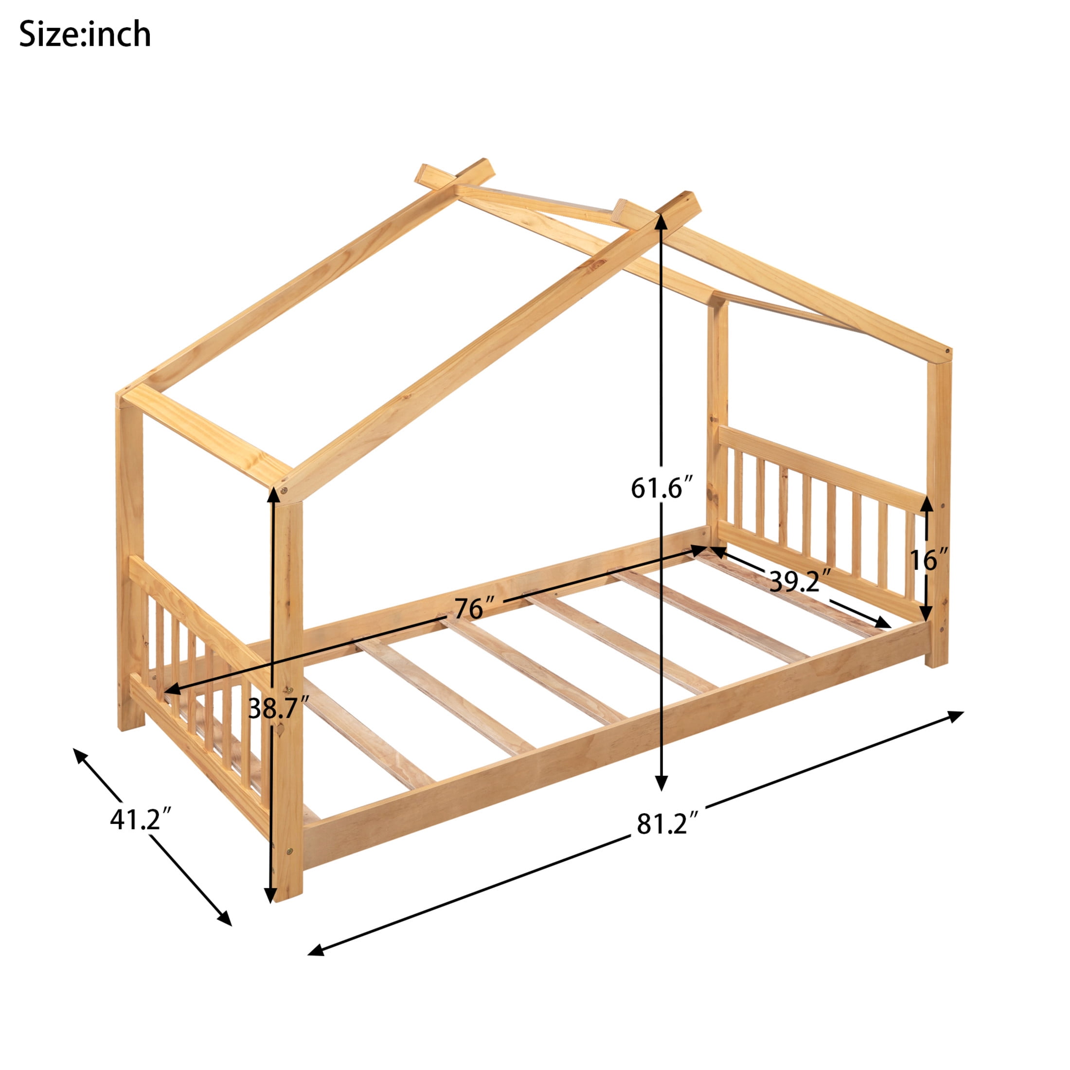 Noble House Lexie Twin White House Bed, Playful Roof Design Kids Platform Bed, Solid Pine Wood, Oak