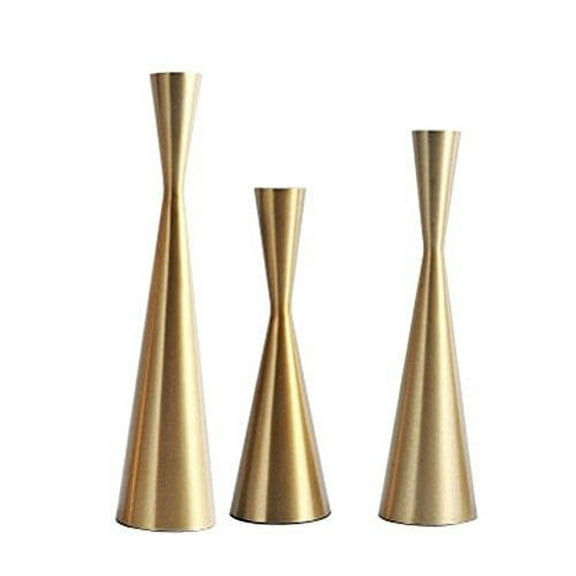 Set of 3 Brass Gold Metal Taper Candle Holders Candlestick Holders Vintage & Modern Decorative Centerpiece Candlestick Holders for Table Mantel Wedding Housewarming Gift (Brass Golden S M L/SET)