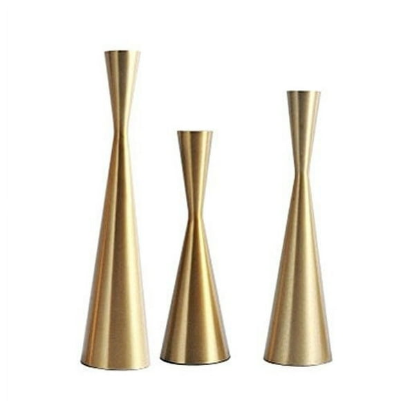 Set of 3 Brass Gold Metal Taper Candle Holders Candlestick Holders, Vintage & Modern Decorative Centerpiece Candlestick Holders for Table Mantel Wedding Housewarming Gift (Brass Go