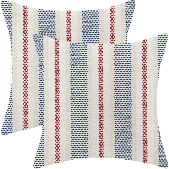 4th of July Summer Outdoor Pillow Covers 18 x 18 Inch, Blue Red Polka Dots Striped Decor Throw Pillows for Couch Bed, Boho Modern Farmhouse Decorative Pillowcase Linen Cushion Cover Set of 2