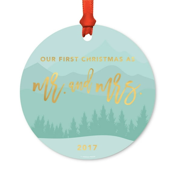 Metal Christmas Ornament, Our First Christmas as Mr. & Mrs. 2017, Winter Wonderland Forest, Includes Ribbon and Gift Bag