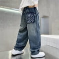 thumbnail image 2 of TOWED22 Boys Baggy Jeans Straight Wide Leg Casual Jeans Elastic Waist Loose Y2K Streetwear Vintage Denim Pants with Pockets(Blue,7-8 Y), 2 of 8