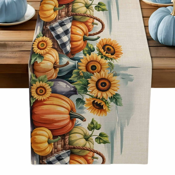 ERUNPONLY Orange Pumpkin Fall Table Runner - 90 Inch Long Sunflower Thanksgiving Botanical Farmhouse Cotton Linen Dress Scarves Farmhouse Table Runner for Kitchen Dining, Coffee Table, 13" x 90"