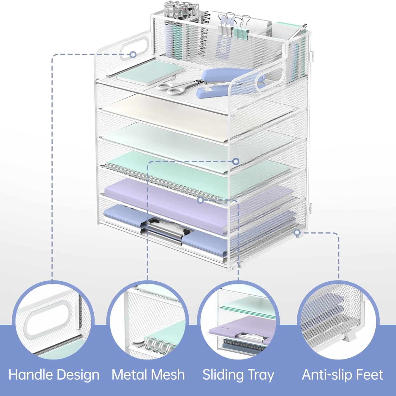 INTIGE 6-Tier Desk Organizer, Metal Paper Organizer with 3 Pen Holders and Handle, White, 1 Pcs
