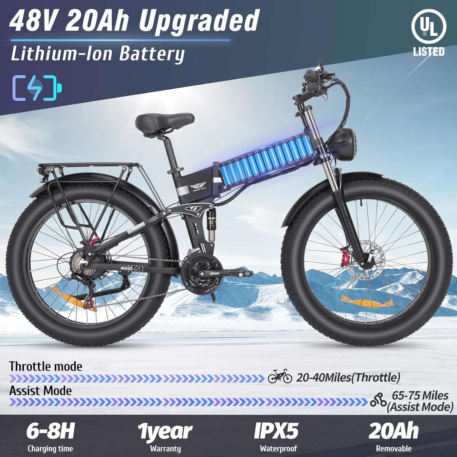 Ridstar Electric Bike for Adults,1500W 35MPH,48V/20AH Folding Electric Bicycle,26"Fat Tire 21 Speed Mountain Bike UL 2849