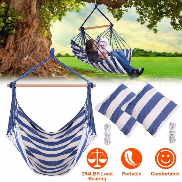 Olurrisa 264LBS Capacity Canvas Hammock Chair with 2 Pillows - Portable Outdoor Hanging Seat for Patio/Camping/Beach, Includes Wooden Stick & Ropes (Blue)