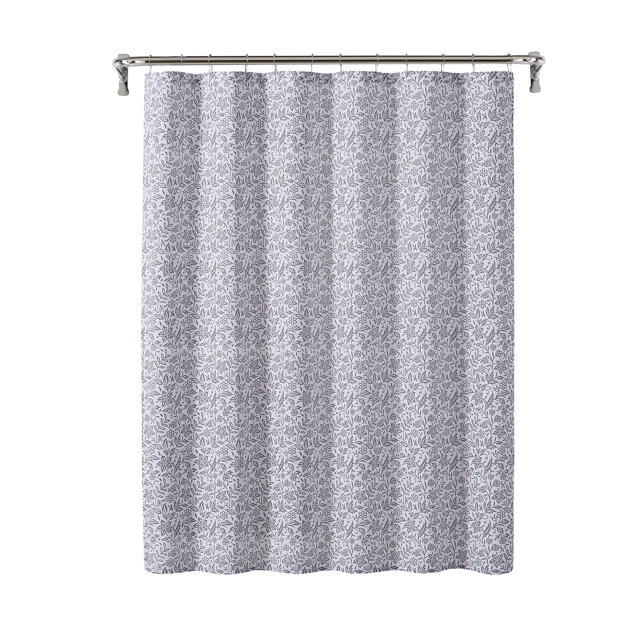 Grey/White Botanical Printed Fabric Shower Curtain + Medium Weight Liner