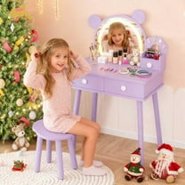 Garvee Kids Vanity Set with Lights, Girls Princess Bear-Shaped Make Up Vanity Desk with Mirro&Stool, Toddler Make Up Table Set for Bedroom, Purple
