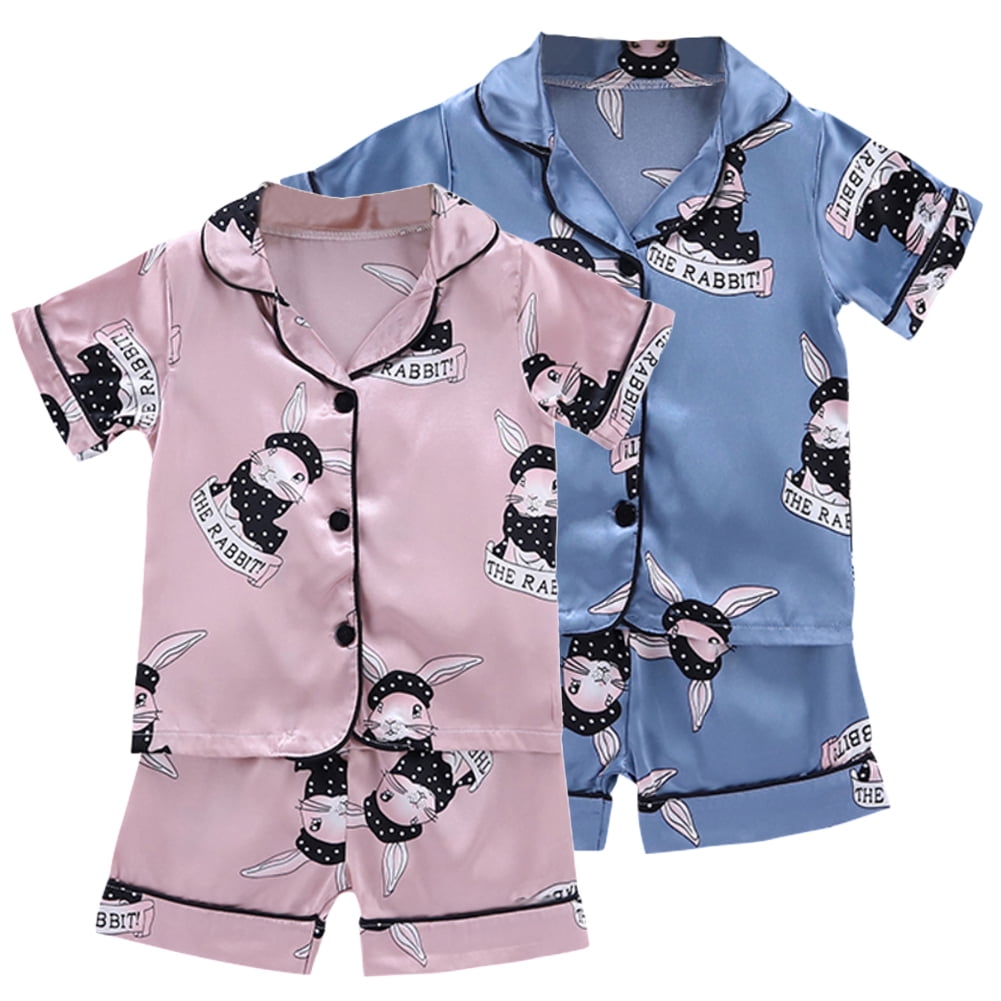 Kids Baby Boy Girl Satin Pajamas Cartoon Button Tops Shorts Sleepwear Set Outfit 