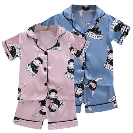

URMAGIC Toddler Kids Baby Girls Boy Satin Bunny Summer Pajamas Set Short Sleeve Blouse+Shorts