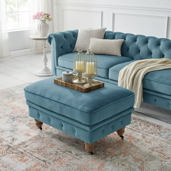 Rustic Manor Audriana Teal Velvet Chesterfield Cocktail Ottoman 36L x 25W x 20H