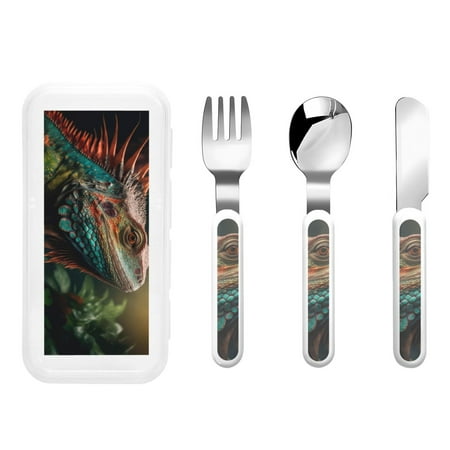 

Lukts Realistic Colorful Chameleon for Children s Knife Fork and Spoon Three-Piece Set Stainless Steel Children and Toddler Safety Cutlery with Outer Box