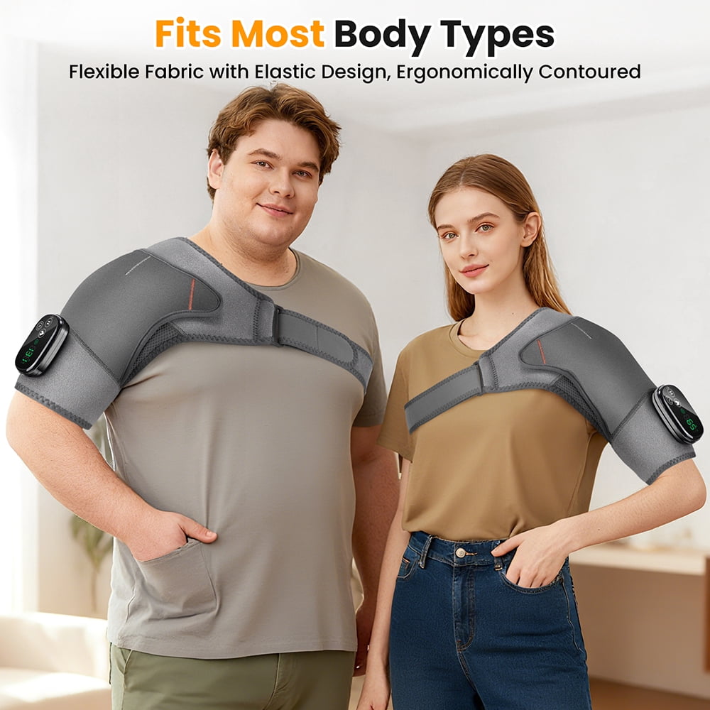 Cordless Shoulder Heating Pad with Massage,4-Motor Heated Shoulder Wrap with Vibration,5 Heat Levels & Rechargeable Battery,Adjustable Shoulder Brace for Men Women,Wearable for Home Office Use