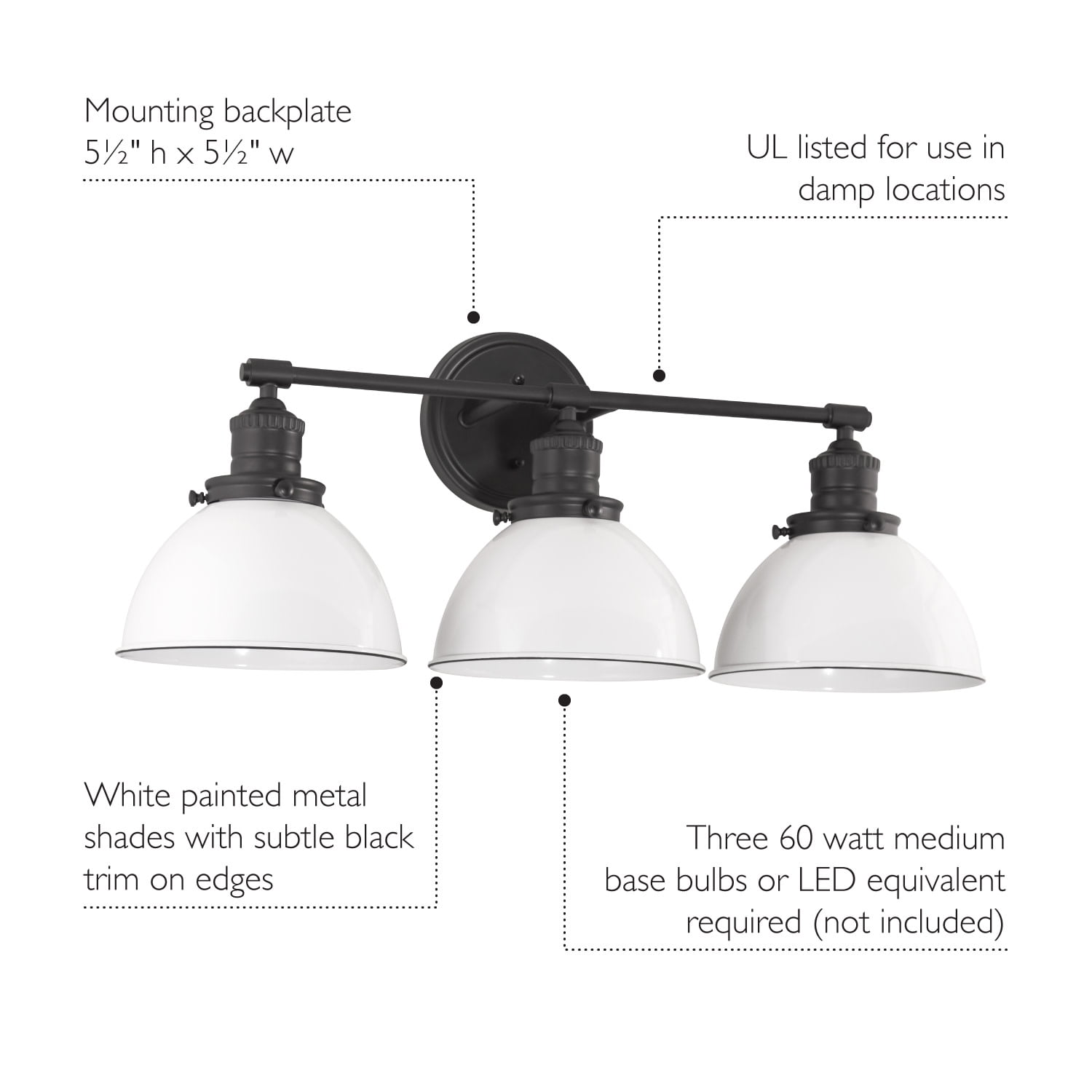Savannah 3-Light Vanity Light, Matte Black Finish, White Metal Shades, Dimmable, Bathroom Wall Fixture – Design House, WM158830