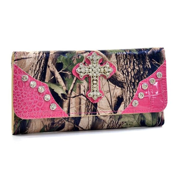 WC99-PK & CAM Western Rhinestone Cross Accent Wallet -Cam & Pink Trim