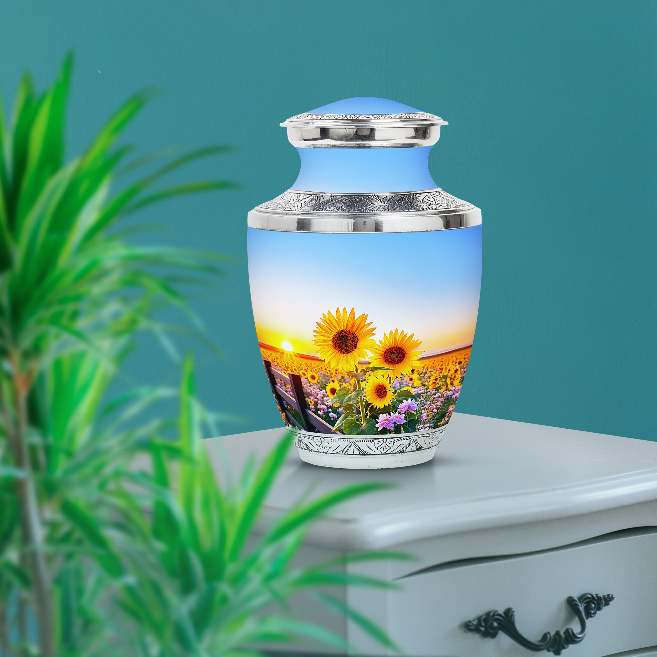 SABURIAL Sunflower Urn - Burial Urns For Adult Human Ashes - 10 Inch - Large With Velvet Bag - Funeral Urn Adult Ash Man & Women - Memorial Burials For Ash - Cremation For Ashes