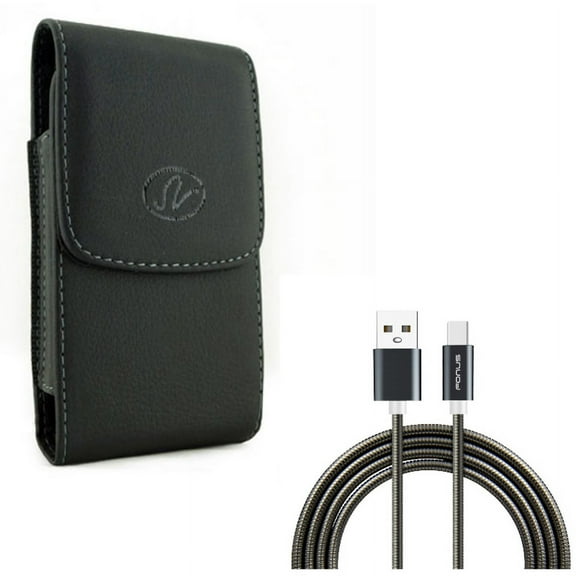 Black Vertical Leather Phone Case Cover Pouch Holder w Metal Braided Type-C USB Cable Charger Sync Wire Data Cord USB-C X1N for Acer Liquid Jade Primo - Alcatel Idol 4S - ASUS ROG Phone