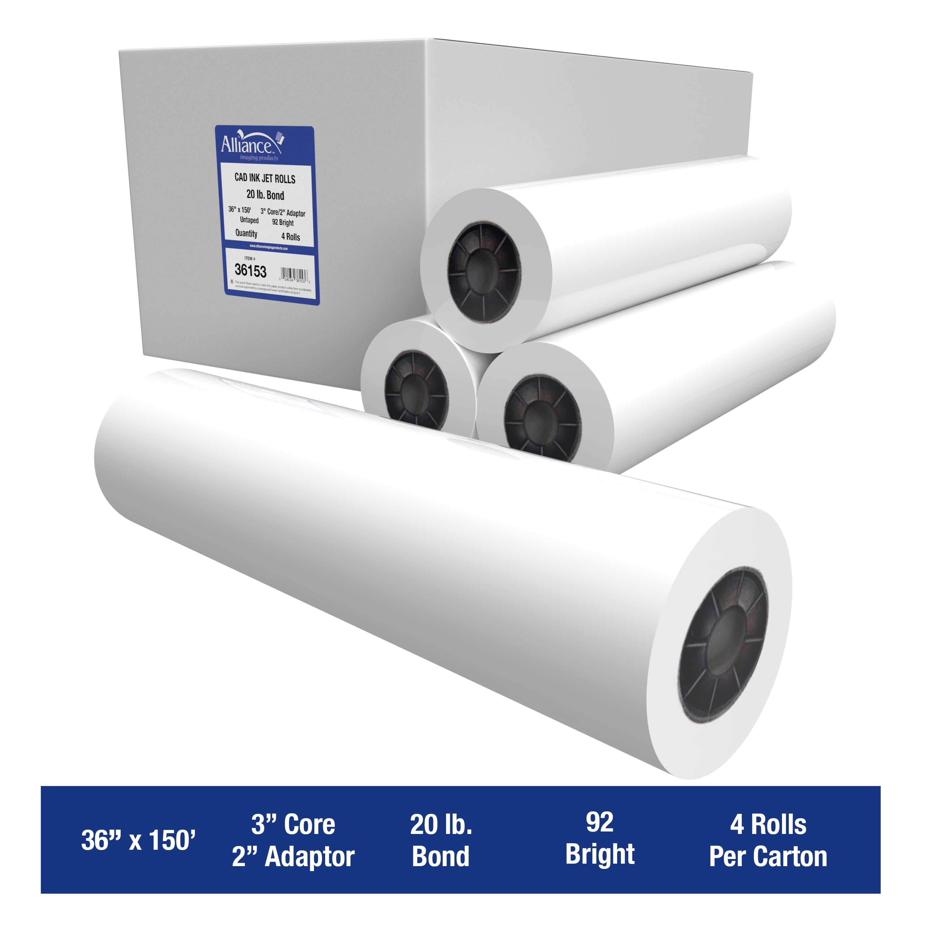 Alliance CAD Paper Rolls, 36"x150', 92 Bright 20lb. 4 Rolls Ink Jet