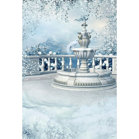 Image of HelloDecor 5x7ft White Snow Winter Photo Backgrounds Bird on Fountain Photography Backdrops for Christmas
