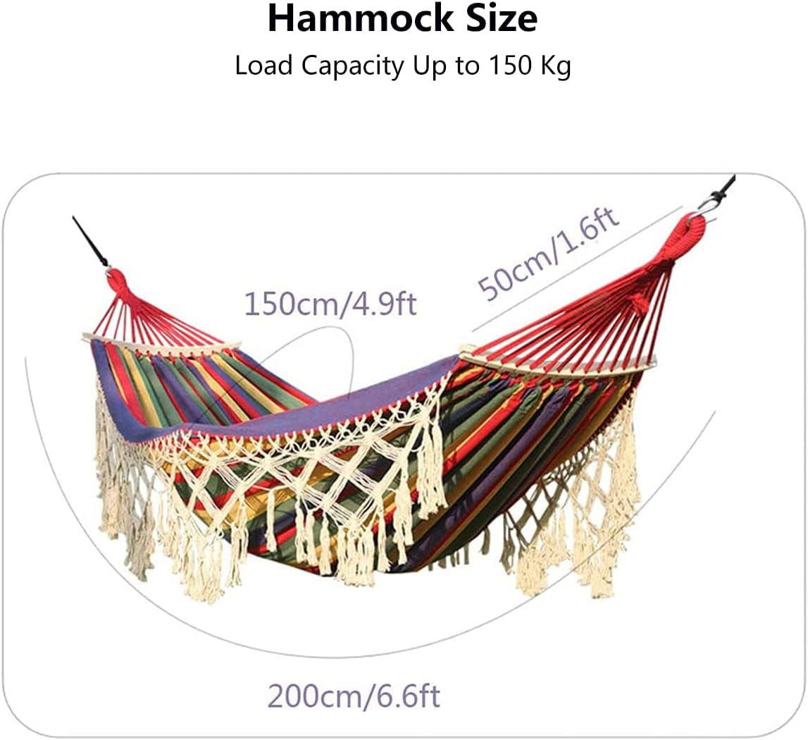 DUANJY Cotton Canvas Hammock, Double Boho Hammocks with Decorative Fringe , Portable Camping Indoor Outdoor Garden Hammock Swing with Travel Bag, 440lb Load Capacity