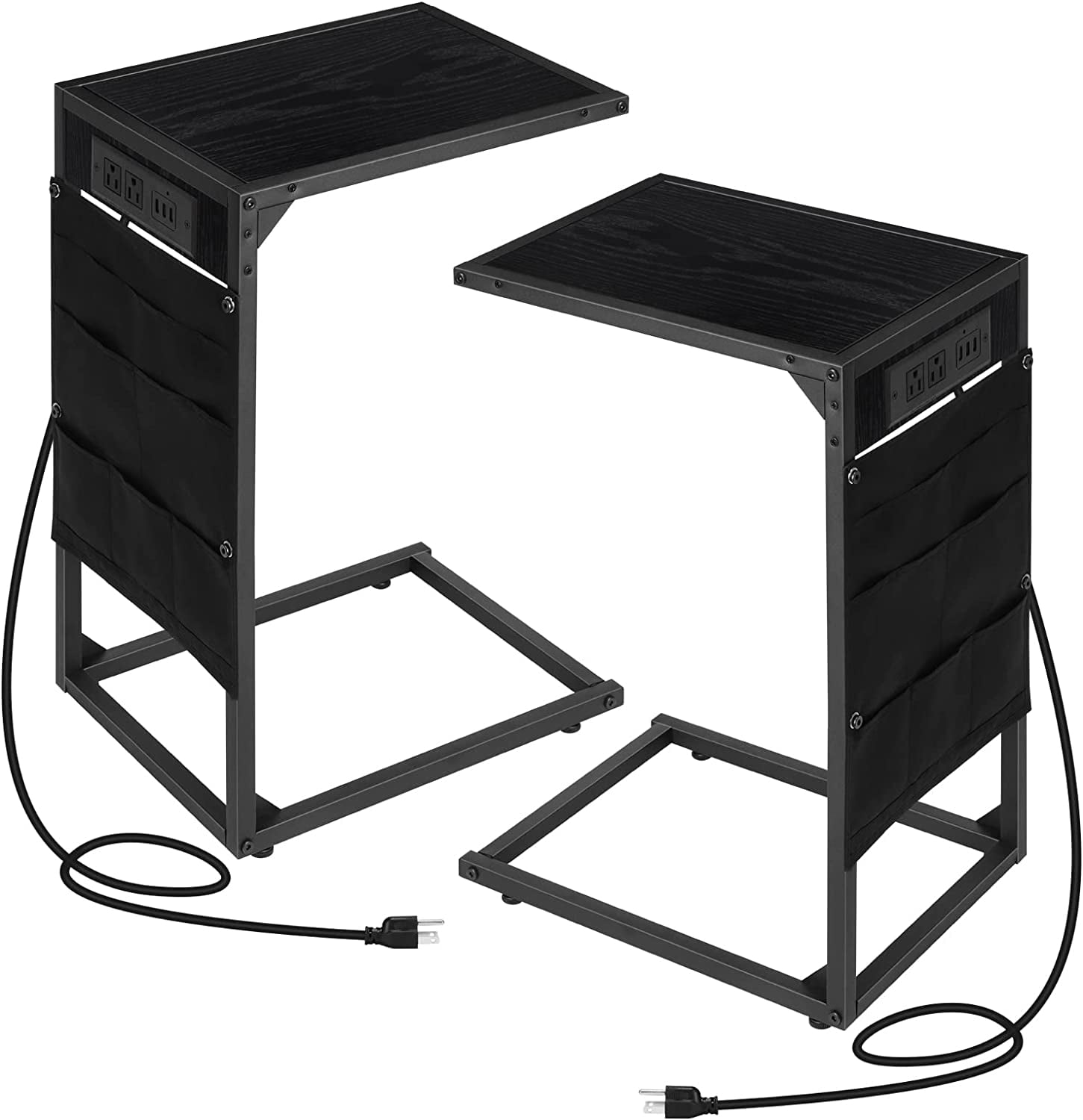 CShaped End Table with Charging Station, Set of 2 Side Table, Black