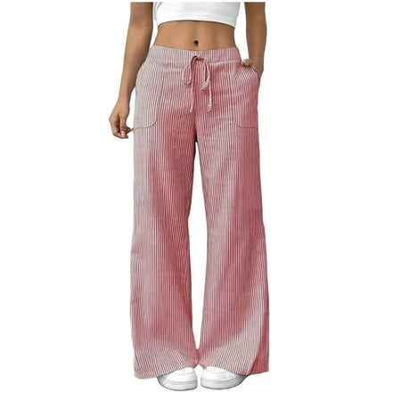 CFMDUC Women s Striped Wide Leg Lounge Pants Drawstring Elastic High Waisted Trousers Pajama with Pockets