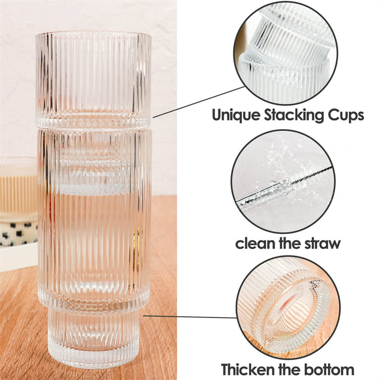 2PCS Ribbed Glass cups with Bamboo Lids and Glass Straws, Fluted Vintage  Ripple Clear Glassware, Origami Style Drinking Glasses for Juice, Beer,  Iced Coffee, Tea and Cocktail 