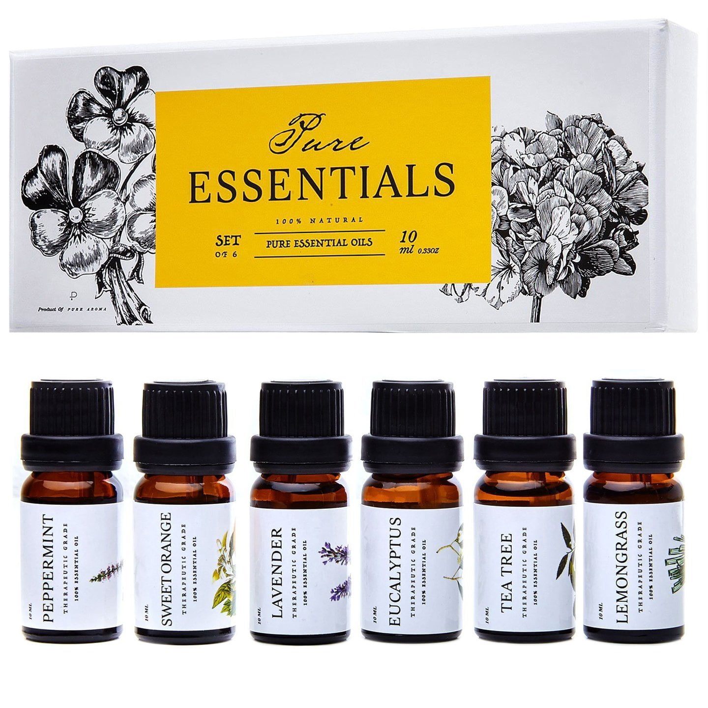 Essential oils by PURE ESSENTIALS 100% Pure Therapeutic Grade Oils kit- Top 6 Aromatherapy Oils Gift Set-6 Pack, 10ML(Eucalyptus, Lavender, Lemon grass, Orange, Peppermint, Tea Tree)