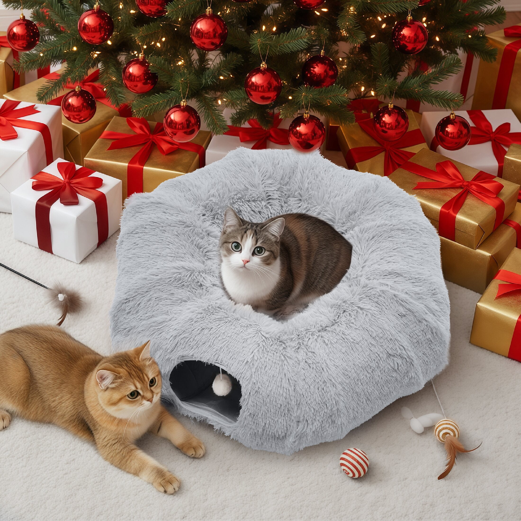 edx Cat Tunnel Bed for Indoor Cats, Soft Plush Peekaboo Hideaway Cave with Circle Cushion, Washable Multifunctional Playground Cat Donut Tunnel for Kittens, Rabbit, Ferret, Grey