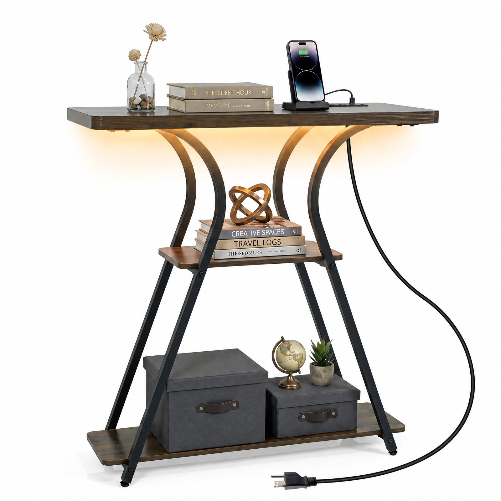 Furnibear 32 Inch Narrow Console Table for Entryway with USB Type-C AC Outlets 16-Color RGB LED Lights and 3-Tier Storage Shelves, Rustic Brown