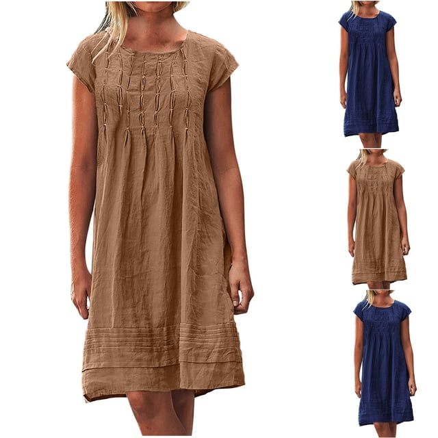 Meichang Robe d'Été en Lin pour Femme à Manches Courtes, Décontractée, Ample, Longueur Genou, Robe Unie à Col Ras du Cou, Plissée, Ligne A, Robe de Plage, Coton et Lin, Midi