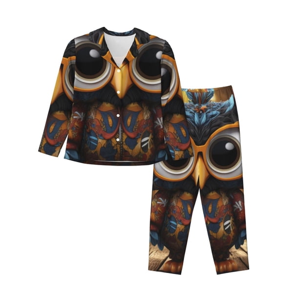 Balery Quirky Owl With Glasses Conjunto de Pijama con Estampado para Mujer, Conjunto de Dos Piezas con Manga Larga, Ropa de Dormir Suave con Bolsillos, Pijamas Cómodos-Medium