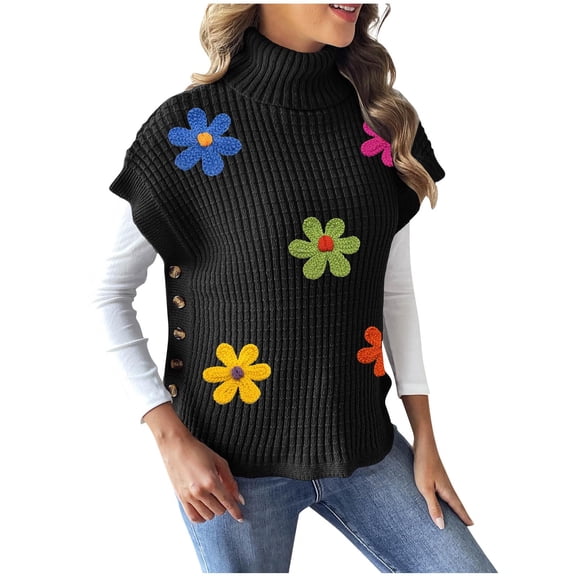 Short Sleeve Sweaters for Women Chic 3D Flowers Pullover Turtleneck Fall Winter Knitted Casual Sweater Tops