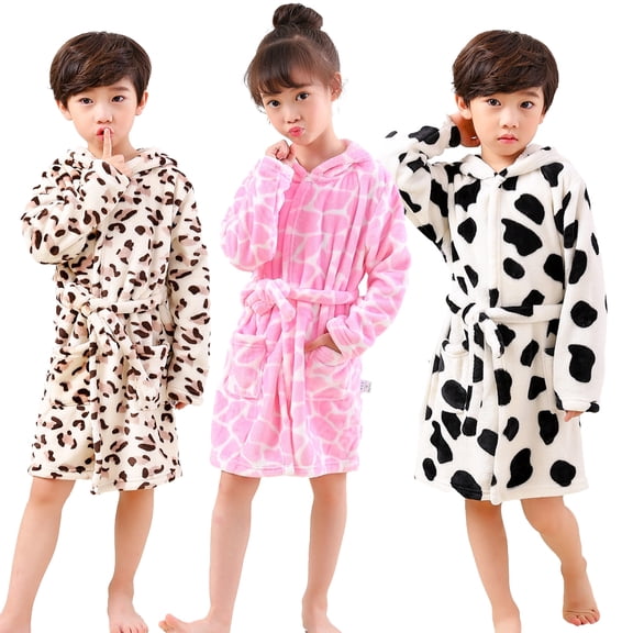 Godderr Toddler Kids Boys Girls Flannel Robes Cute Pattern Bathrobe Unisex Night-Robe Baby Flannel Hoodie Pajamas Sleepwear Fall Winter Loungewear for 1-10 Years Old