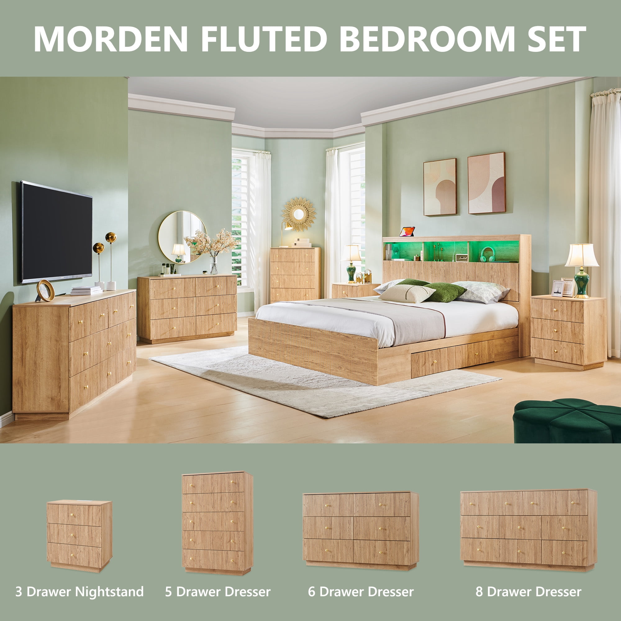 wow97e Fluted 8 Drawers Dresser, 55" W Modern Chest of Drawers with Deep Storage, Wood Tall Dresser Storage Organizer for Bedroom, Living Room, Hallway
