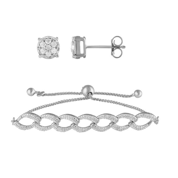 1/2 Carat T.W Sterling Silver White Stud Earrings and Bolo Bracelet 2 Pcs set.
