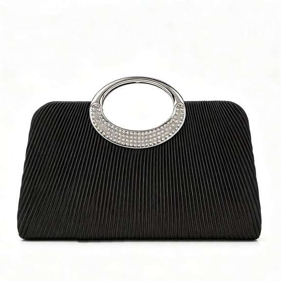 Women’s Elegant Black Pleated Evening Clutch Bag with Rhinestone Circular Handle, Formal Wedding Party Prom Handbag, Crossbody Shoulder Chain Bag