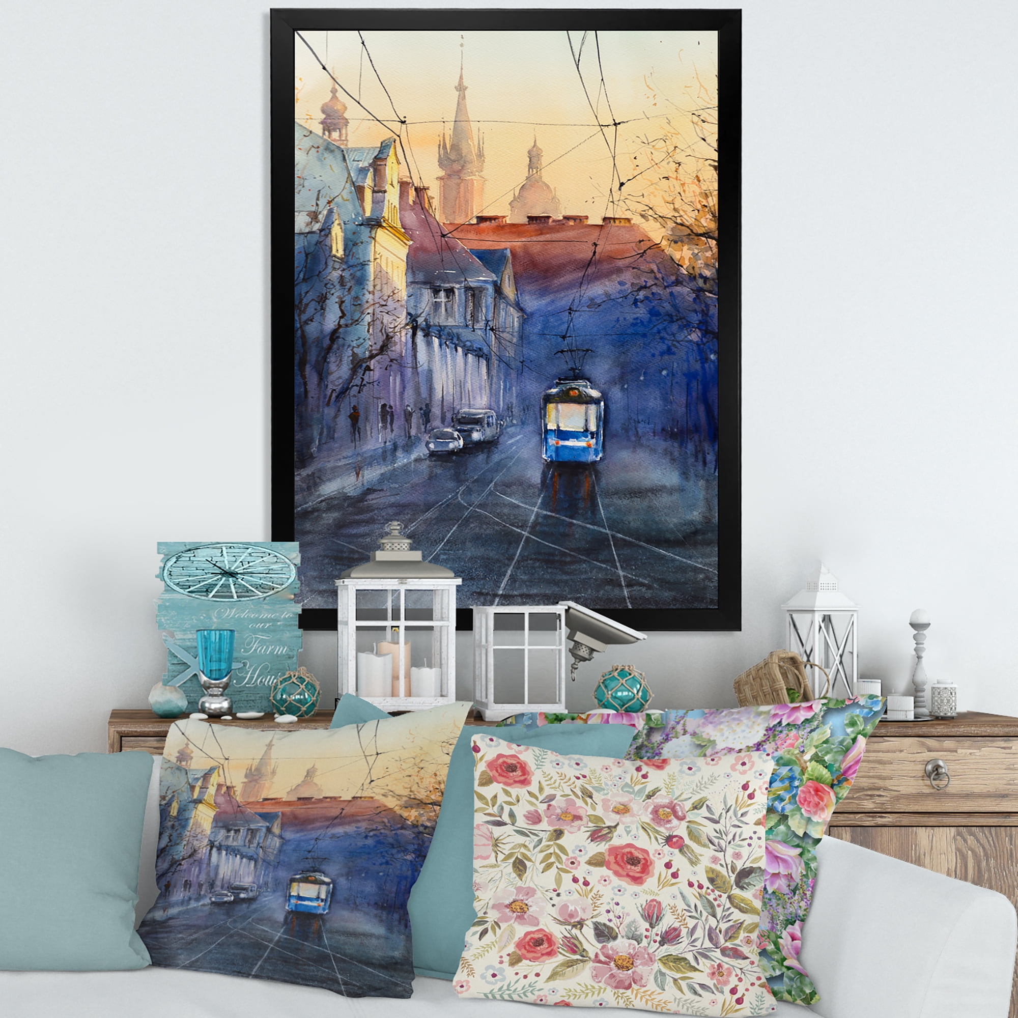 Blue Tram At Sunset With Church During Sunset Cityscape 12 in x 20 in Framed Painting Canvas Art Print, by Designart