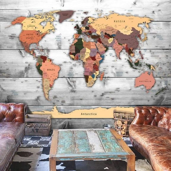 Tiptophomedecor Peel and Stick World Map  Wallpaper Wall Mural - World Map Neutral Colors - Removable Wall Decals
