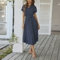 thumbnail image 2 of Women's Vintage Polka Dot Midi Dress Short Sleeve V-Neck Button Down Casual Summer Dress with Adjustable Waist Tie,Navy S, 2 of 8