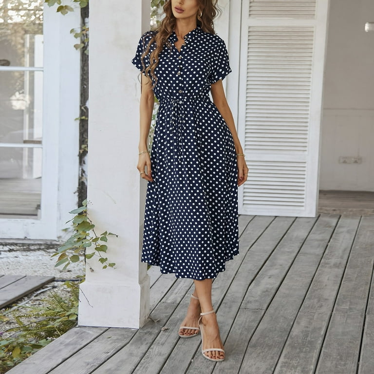 UoCefik Women's Button Front Drawstring High Waist Short Sleeve A Line Midi  Dress Navy XL - Walmart.com