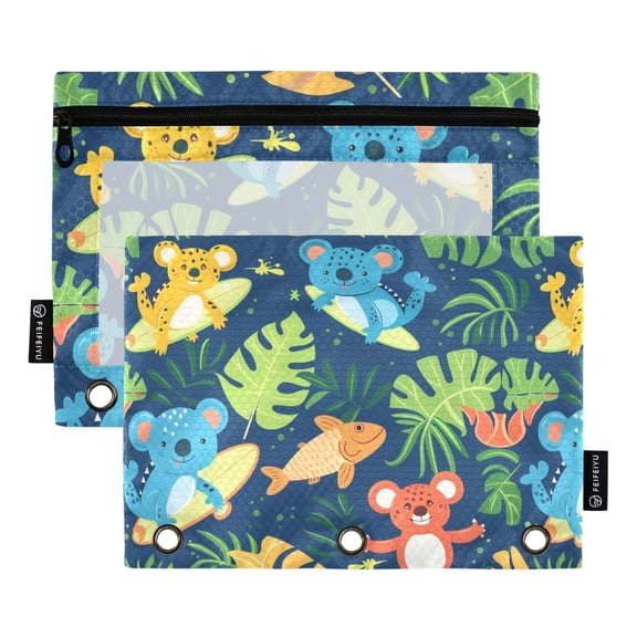 Fish Koala Leaf 2 Pack Pencil Pouch for 3 Ring Binder Smooth Zipper Folders with Pockets Clear Window Pencil Case