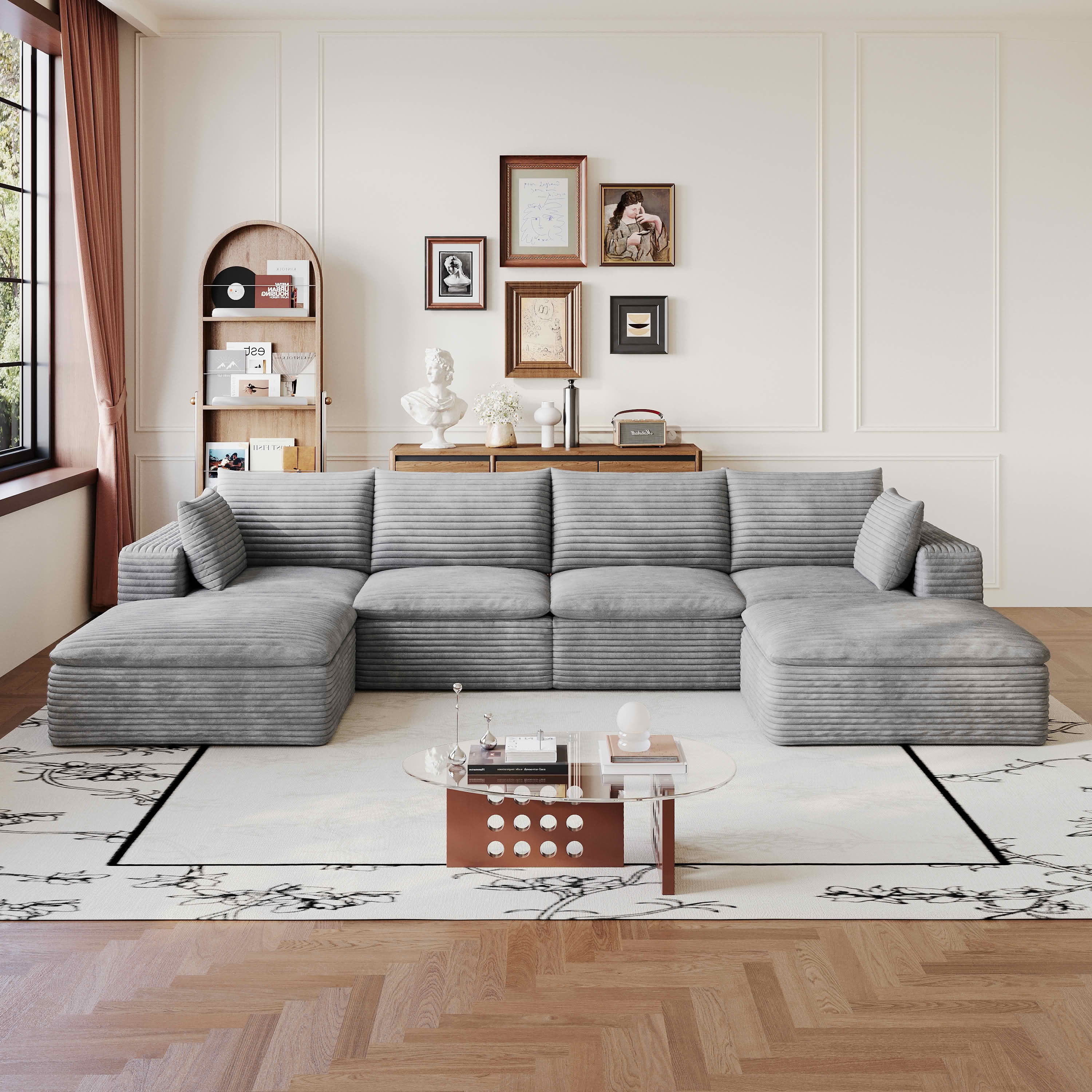 MAYEERTY 134 Inch Corduroy Cloud Floor Sofa, Modular Couch with Detachable Double-Layer Cushion, No Assembly Furniture for Home & Office