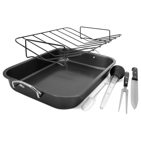 Drevy 6 Piece Rectangular Turkey Roaster Pan with Rack Carving Knife Fork Baster and Brush, Roasting Pan 15 Inch Black